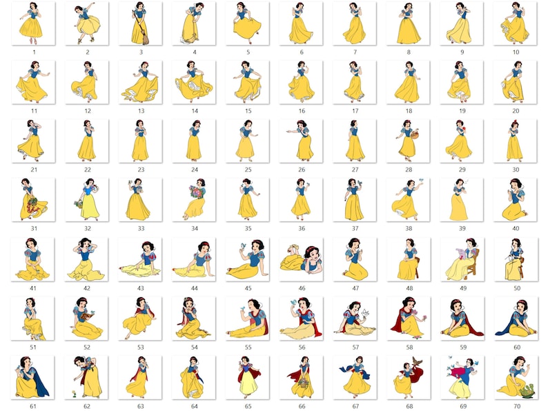 May include: A collection of seventy individual illustrations of a character with black hair, a blue bodice, and a yellow skirt, depicted in various poses, activities, and interactions with small animals, numbered from one to seventy in a grid.