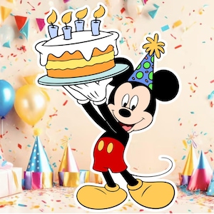 May include: A cartoon image of Mickey Mouse holding a birthday cake with four lit candles. Mickey is wearing a party hat and red shorts. The background includes balloons, party hats, and confetti, creating a festive birthday theme.