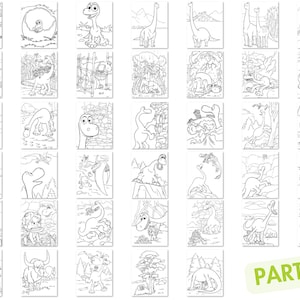 May include: A black and white coloring book featuring 36 different illustrations of dinosaurs in various poses and settings. The book is titled "Part 1" in the bottom right corner.
