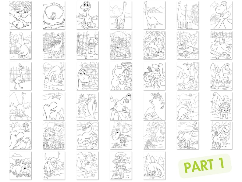 May include: A black and white coloring book featuring 36 different illustrations of dinosaurs in various poses and settings. The book is titled "Part 1" in the bottom right corner.
