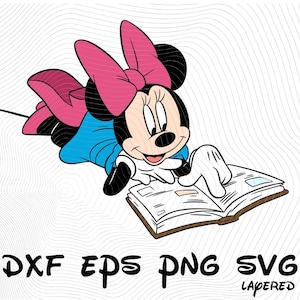 Lezen van Minnie Mouse School sublimatie Cliparts, Minnie School lezing Minnie Mouse SVG Cartoon sublimatie clipart, Minnie Mickey SVG dxf