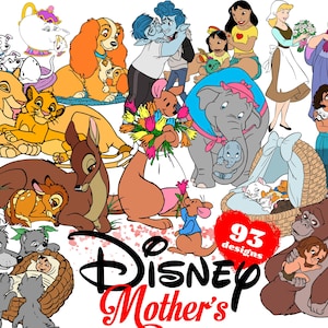 Moederdag Cartoon Cliparts SVG-bundel, Dombo Bambi Dogs Aristocats Tarzan Winnie Kanga Roo Moederdag Cartoon sublimatie Cliparts SVG