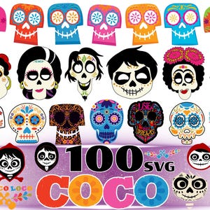 May include: A collection of digital graphic files featuring colourful sugar skull illustrations, character masks with face paint, and decorative elements. The text 100 SVG COCO is displayed prominently in the centre with additional text UN POCO LOCO.
