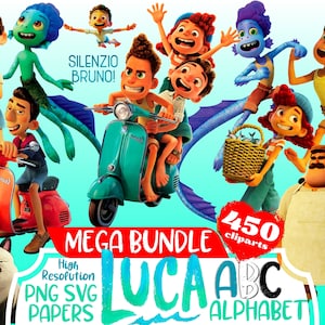 Luca Cliparts MEGA Bundle, Colección Luca Disney Sublimation Cliaprts, Luca Birthday Party Cake Topper PNG, Silenzio Bruno SVG Imprimibles