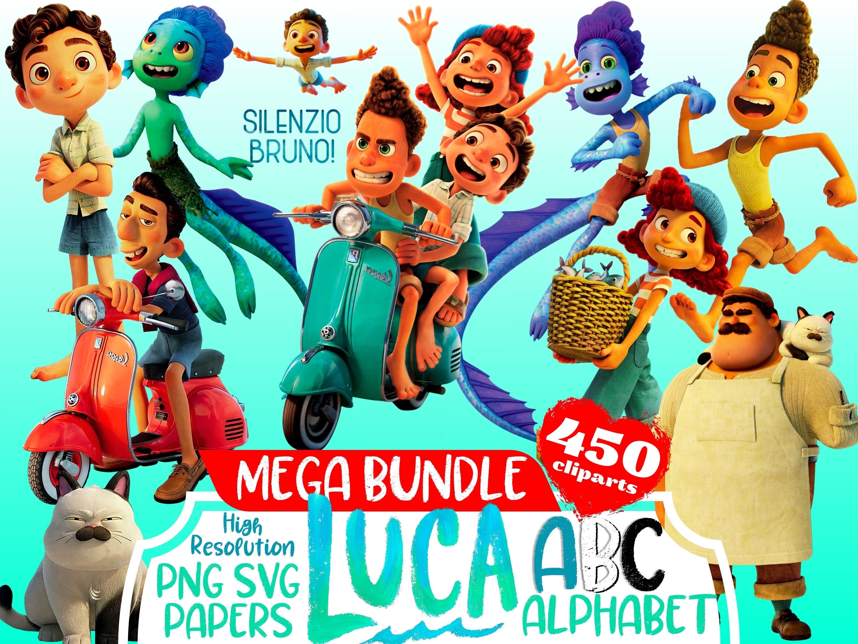 Luca Cliparts MEGA Bundle, Luca Disney Sublimation Cliaprts Collection, Luca Birthday Party Cake Topper PNG, Silenzio Bruno SVG Printables