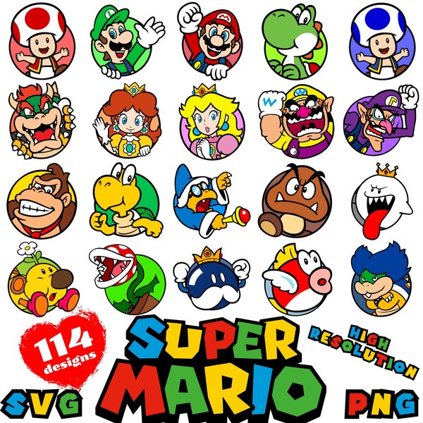 Super Mario personnages SVG cliparts Bundle, Super Mario SVG dessin animé Sublimation icônes cliparts, Super Mario sur le thème Clip Art Collection SVG