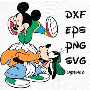 Mickey en Goofy Young School sublimatie clipart, Mickey School springen Goofy SVG Cartoon sublimatie clipart, Goofy Mickey SVG eps dxf png