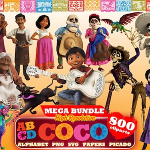 Könnte beinhalten: Eine digitale Sammlung von Coco-Figuren, darunter Miguel mit einer weißen Gitarre, Skelette und ein bunter Alebrije. Die Grafik enthält den Text MEGA BUNDLE, COCO und 800 cliparts sowie eine dekorative Bordüre aus bunten Papel-Picado-Bannern.