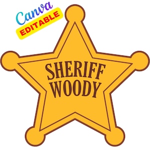 Badge nominatif personnalisé éditable personnalisé Toy Story shérif Woody PNG, Badge modifiable à sublimation d'anniversaire original Toy Story (numérique) image 1
