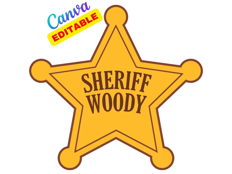 Badge nominatif personnalisé éditable personnalisé Toy Story shérif Woody PNG, Badge modifiable à sublimation d'anniversaire original Toy Story (numérique) image 1