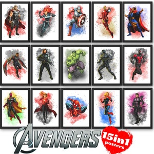 アベンジャーズ スーパーヒーロー ウォールアート ポスター 15 枚セット、アベンジャーズ デジタル印刷可能アート、スーパーヒーロー ウォールアート ポスター、アベンジャーズ 子供部屋印刷可能 JPG