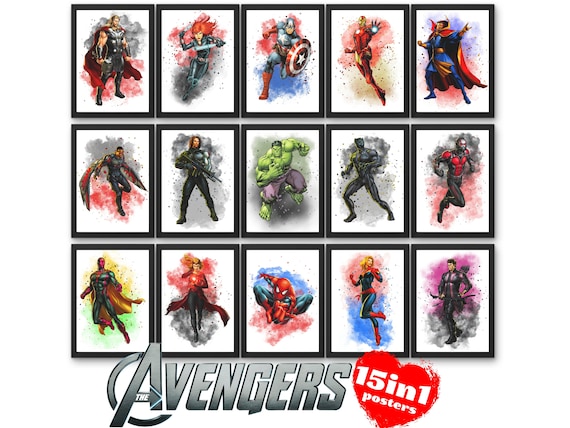 Avengers Superhero Set of 15 Wall Art Posters, Avengers Digital Printable Art, Superhero Wall Art Posters, Avengers Kids Room Printables JPG