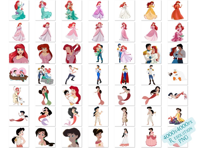 Pode incluir: Uma cole&ccedil;&atilde;o de 48 imagens digitais que apresentam v&aacute;rias ilustra&ccedil;&otilde;es de Ariel, a Pequena Sereia, em diferentes poses e cen&aacute;rios. As imagens incluem Ariel como sereia, como humana e com o Pr&iacute;ncipe Eric. Algumas imagens apresentam Ariel com seus amigos, Linguado e Sebasti&atilde;o. As imagens est&atilde;o em formato PNG e t&ecirc;m uma resolu&ccedil;&atilde;o de 4000x4000 pixels.