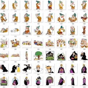 May include: A collection of digital illustrations featuring the seven dwarfs and the evil queen from Snow White, organised in a grid with numbered labels from 351 to 420. Each square displays a character in various poses, outfits, and activities.