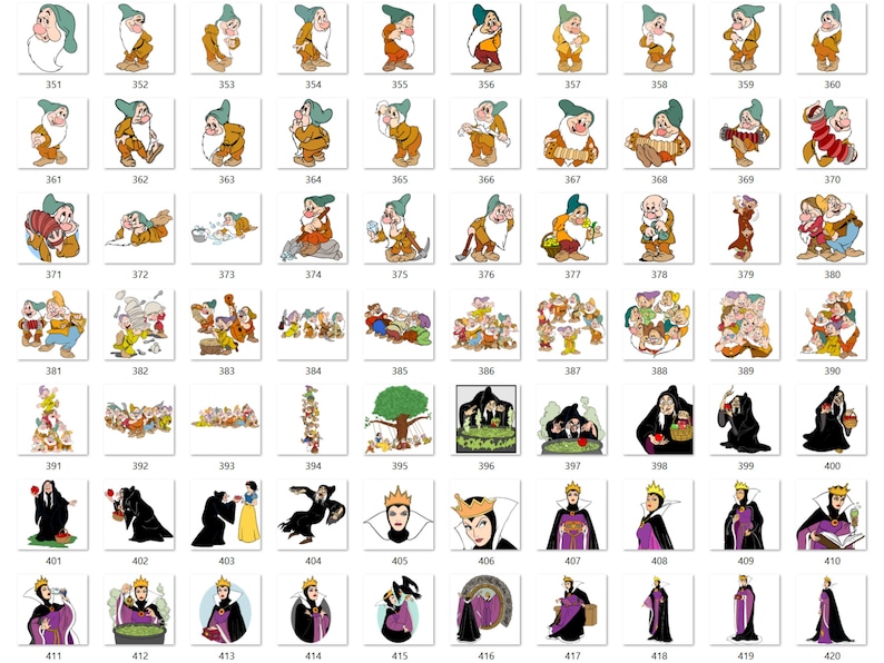 May include: A collection of digital illustrations featuring the seven dwarfs and the evil queen from Snow White, organised in a grid with numbered labels from 351 to 420. Each square displays a character in various poses, outfits, and activities.