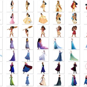 Pu&ograve; includere: Una collezione di illustrazioni con vari personaggi femminili animati in diverse pose e outfit. I personaggi sono raffigurati in una variet&agrave; di abiti e costumi colorati, con uno sfondo bianco.