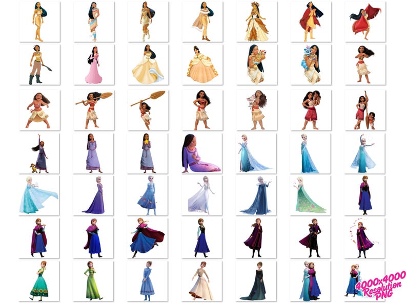 Pu&ograve; includere: Una collezione di illustrazioni con vari personaggi femminili animati in diverse pose e outfit. I personaggi sono raffigurati in una variet&agrave; di abiti e costumi colorati, con uno sfondo bianco.