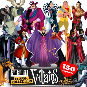 May include: A collection of cartoon villains from various animated films. The image features characters in various poses and outfits, with a banner that reads "Villains" and "150 cliparts". The characters are in a variety of colors.