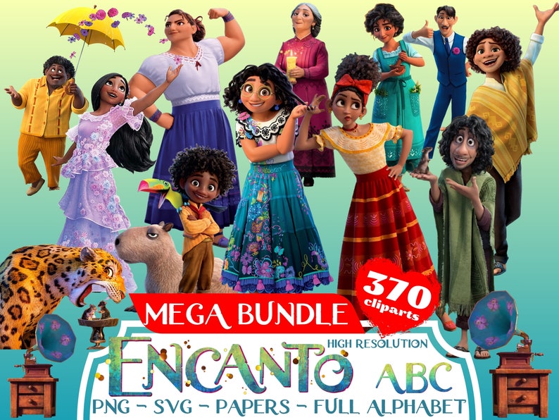 May include: A colorful digital clipart set featuring characters from the animated film Encanto. The set includes 370 high-resolution images in PNG, SVG, and paper formats. The set includes the full alphabet.