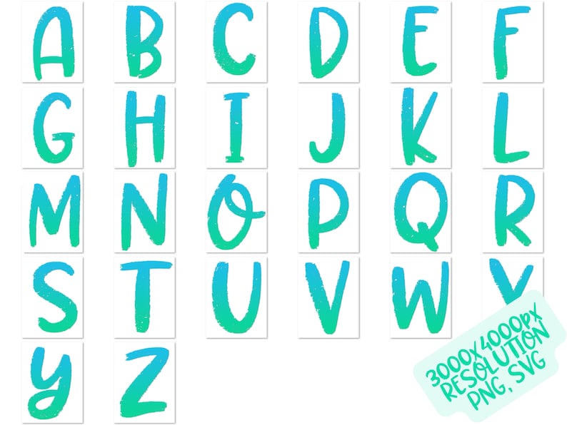 May include: A set of alphabet letters in a blue and green gradient. The letters are hand-drawn and have a textured look.