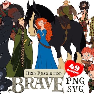 Coleção de clipart SVG Brave, pacote de clipart de sublimação Merida, topo de bolo de festa de aniversário Brave Valiente PNG, pacote SVG Brave Merida