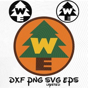 Op de afbeelding: Een grafisch ontwerp met een gestileerde groene boom met een gele "W" en bruine "E" in een oranje cirkel. Twee kleinere versies van het ontwerp staan hierboven. De tekst "DXF PNG SVG EPS LAYERED" staat onderaan.