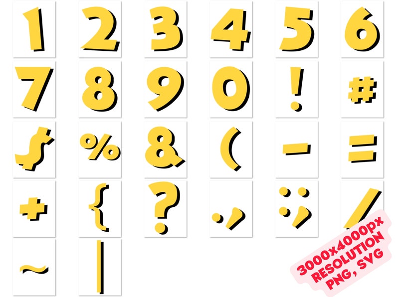 Peut inclure: Nombres, signes de ponctuation et symboles jaunes sur fond blanc. Les nombres comprennent 1, 2, 3, 4, 5, 6, 7, 8, 9 et 0. Les symboles comprennent un signe dollar, un signe de pourcentage, un esperluette, une parenth&egrave;se, un signe moins, un signe &eacute;gal, un signe plus, une accolade, un point d'interrogation, une virgule, un deux-points et une barre oblique. Les signes de ponctuation comprennent un point d'exclamation et un di&egrave;se.