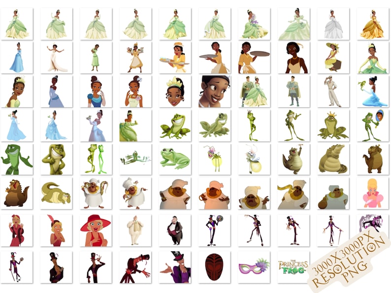 Puede incluir: Una colecci&oacute;n de im&aacute;genes digitales con personajes y escenas de la pel&iacute;cula animada La Princesa y el Sapo. Las im&aacute;genes incluyen a Tiana, Naveen, Ray, Mama Odie y otros personajes de la pel&iacute;cula. Las im&aacute;genes est&aacute;n en formato PNG y tienen una resoluci&oacute;n de 3000 p&iacute;xeles por 3000 p&iacute;xeles.
