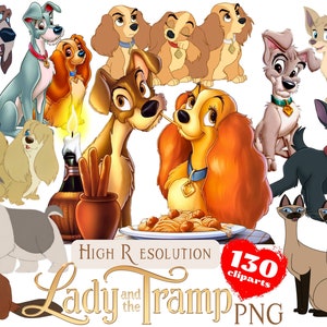 La dama y el vagabundo PNG Cliparts Bundle, La dama y el vagabundo PNG Imágenes prediseñadas de sublimación de dibujos animados, La dama y el vagabundo temática niños sublimación PN