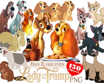 Op de afbeelding: Een verzameling van 130 cartoonhonden- en kattenfiguren uit de Disney-film Lady en de Vagebond. De personages zijn in verschillende poses en uitdrukkingen, waaronder een stel honden die een bord spaghetti delen.