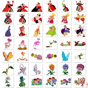 K&ouml;nnte beinhalten: Eine Sammlung bunter Comicfiguren aus dem Film Alice im Wunderland. Zu den Figuren geh&ouml;ren die Herzk&ouml;nigin, der Hutmacher, die Grinsekatze, der wei&szlig;e Hase und der Dodo.