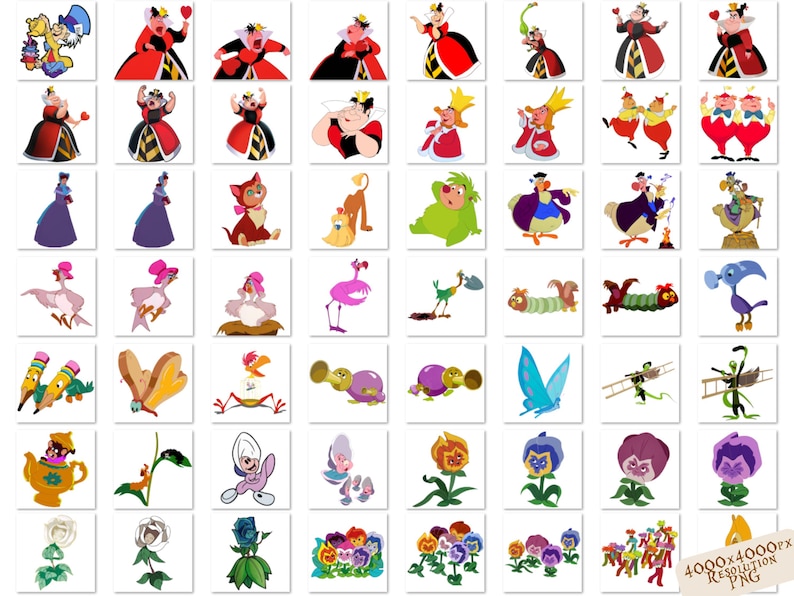 K&ouml;nnte beinhalten: Eine Sammlung bunter Comicfiguren aus dem Film Alice im Wunderland. Zu den Figuren geh&ouml;ren die Herzk&ouml;nigin, der Hutmacher, die Grinsekatze, der wei&szlig;e Hase und der Dodo.