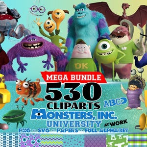 Może przedstawiać: Cyfrowa kolekcja postaci z Potwory i spółka oraz Uniwersytet potworny, w tym Sulley, Mike Wazowski i różne potwory. Tekst głosi MEGA BUNDLE 530 CLIPARTS MONSTERS, INC. UNIVERSITY AT WORK PNG SVG PAPERS FULL ALPHABET ABCD.