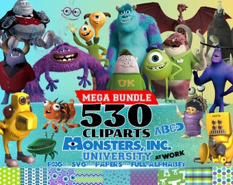 May include: A digital collection of Monsters Inc. and Monsters University characters including Sulley, Mike Wazowski, and various monsters. The text reads MEGA BUNDLE 530 CLIPARTS MONSTERS, INC. UNIVERSITY AT WORK PNG SVG PAPERS FULL ALPHABET ABCD.