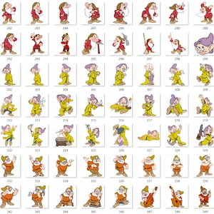 May include: A collection of digital illustrations featuring various poses of the seven dwarfs from Snow White, labelled with numbers 281 through 350. The characters are depicted in their signature outfits, including red, brown, and yellow tunics.