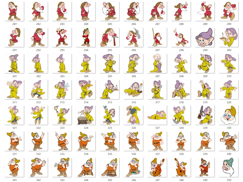 May include: A collection of digital illustrations featuring various poses of the seven dwarfs from Snow White, labelled with numbers 281 through 350. The characters are depicted in their signature outfits, including red, brown, and yellow tunics.