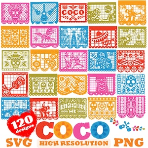 Lot de cliparts SVG Coco Papel Picado, lot de sublimation Coco, décorations de fête d'anniversaire sur le thème du film de dessin animé Coco Collection Papel Picado