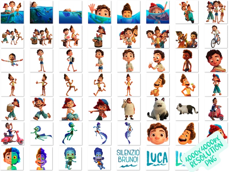 Luca PNG Cliparts Bundle, Luca Disney Sublimation Cliaprts Collection, Luca Birthday Party Cake Topper PNG, Silenzio Bruno PNG Printables image 2