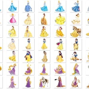 Pu&ograve; includere: Una collezione di illustrazioni raffiguranti varie principesse nei loro abiti iconici. Le immagini mostrano una variet&agrave; di colori, tra cui blu, giallo e viola, con ogni principessa raffigurata in una posa e stile unici. Le immagini sono su sfondo bianco.