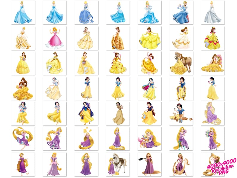 Pu&ograve; includere: Una collezione di illustrazioni raffiguranti varie principesse nei loro abiti iconici. Le immagini mostrano una variet&agrave; di colori, tra cui blu, giallo e viola, con ogni principessa raffigurata in una posa e stile unici. Le immagini sono su sfondo bianco.