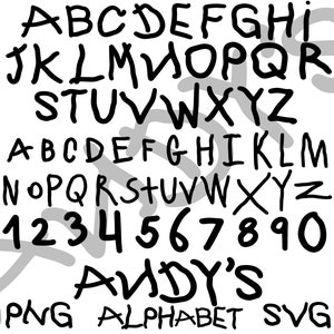 Toy Story Andy's Original Alphabet Font SVG, Andy's Toys Box Toy Story Font Letters Numbers PNG Sublimation Clipart, Toy Story Themed Letter