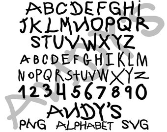 Könnte beinhalten: Eine schwarze und weiße Alphabetschrift mit handgeschriebenen Buchstaben und Zahlen. Die Schriftart heißt "Andy's" und ist in den Formaten PNG und SVG verfügbar.