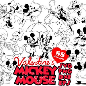 Paquete de siluetas de contorno del Día de San Valentín de Mickey Mouse y sus amigos SVG, dxf, eps y png, imágenes prediseñadas de sublimación de Mickey Mouse para el Día de San Valentín de Cricut