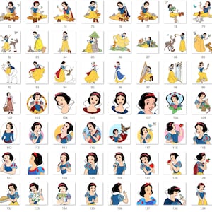 May include: A collection of 70 individual digital illustrations featuring Snow White in various poses, outfits, and interactions with forest animals, each labelled with a unique number from 71 to 140, displayed in a grid format on a white background.