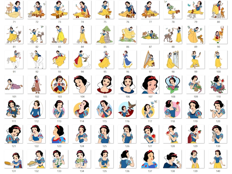 May include: A collection of 70 individual digital illustrations featuring Snow White in various poses, outfits, and interactions with forest animals, each labelled with a unique number from 71 to 140, displayed in a grid format on a white background.