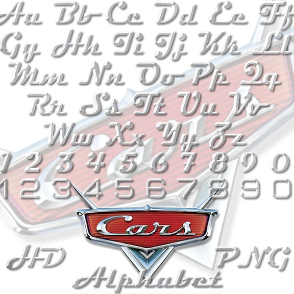 Cars Original Alphabet Font PNG, Cars PNG Cartoon Cliparts, Cars Sublimation, Lightning McQueen and Tow Mater Alphabet Letters PNG Cliparts