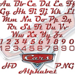 Cars Original Alphabet Font PNG, Cars PNG Cartoon Cliparts, Cars Red Metallic, Lightning McQueen and Tow Mater Alphabet Letters PNG Cliparts