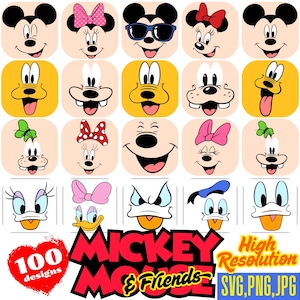 Pacote SVG de rostos do Mickey Mouse e seus amigos, cliparts de desenhos animados PNG do Mickey Mouse para sublimação, logotipo com ícones temáticos do filme Mickey Mouse e seus amigos