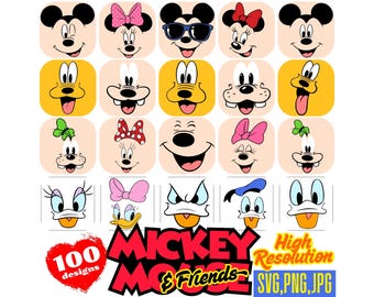 Mickey Mouse & Friends Faces SVG Bundle, Mickey Mouse PNG Cartoon Cliparts for Sublimation, Mickey Mouse and Friends Movie Themed Icons Logo