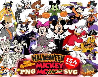 ミッキーマウス＆フレンズ ハロウィン SVG バンドル、ミッキーマウス ハロウィン 漫画 昇華クリップアート、ミッキーマウス ハロウィン クリップアート（デジタル）